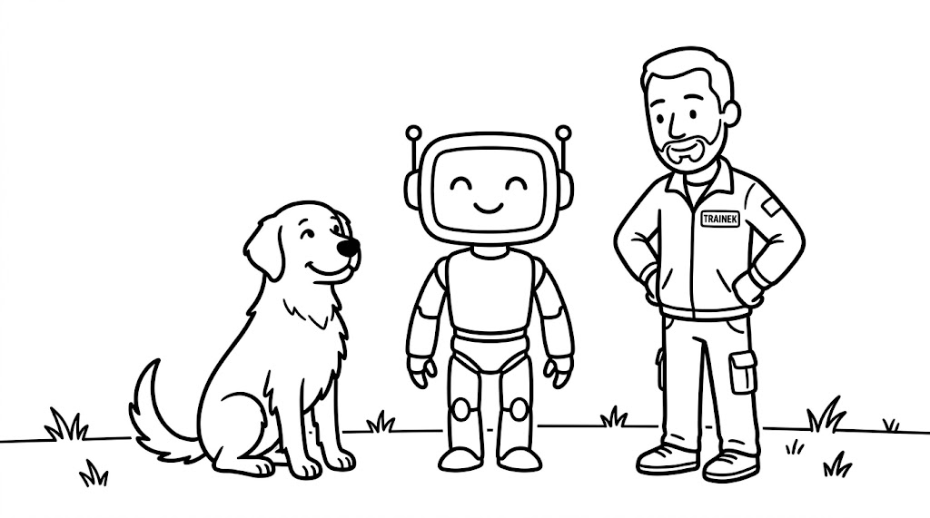 Line illustration of a dog, friendly AI robot, and trainer standing together