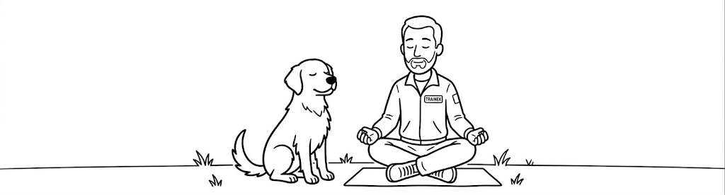 Line illustration of a trainer and dog meditating together