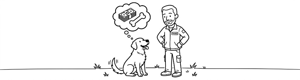 Line illustration of a trainer and dog with a reward thought bubble