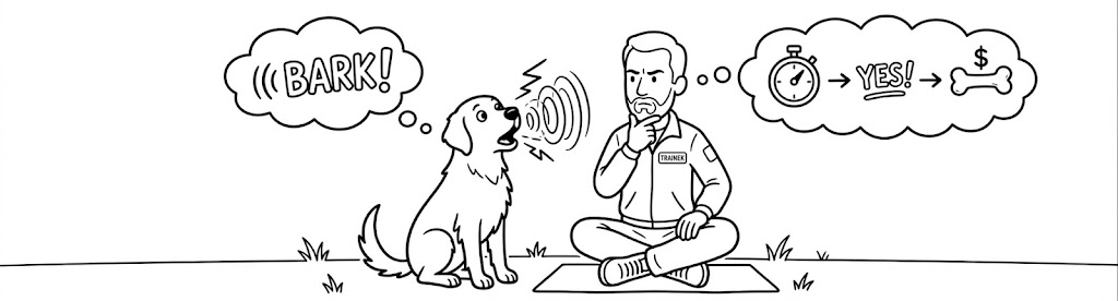 Line illustration of a barking dog and a trainer planning a positive reinforcement sequence