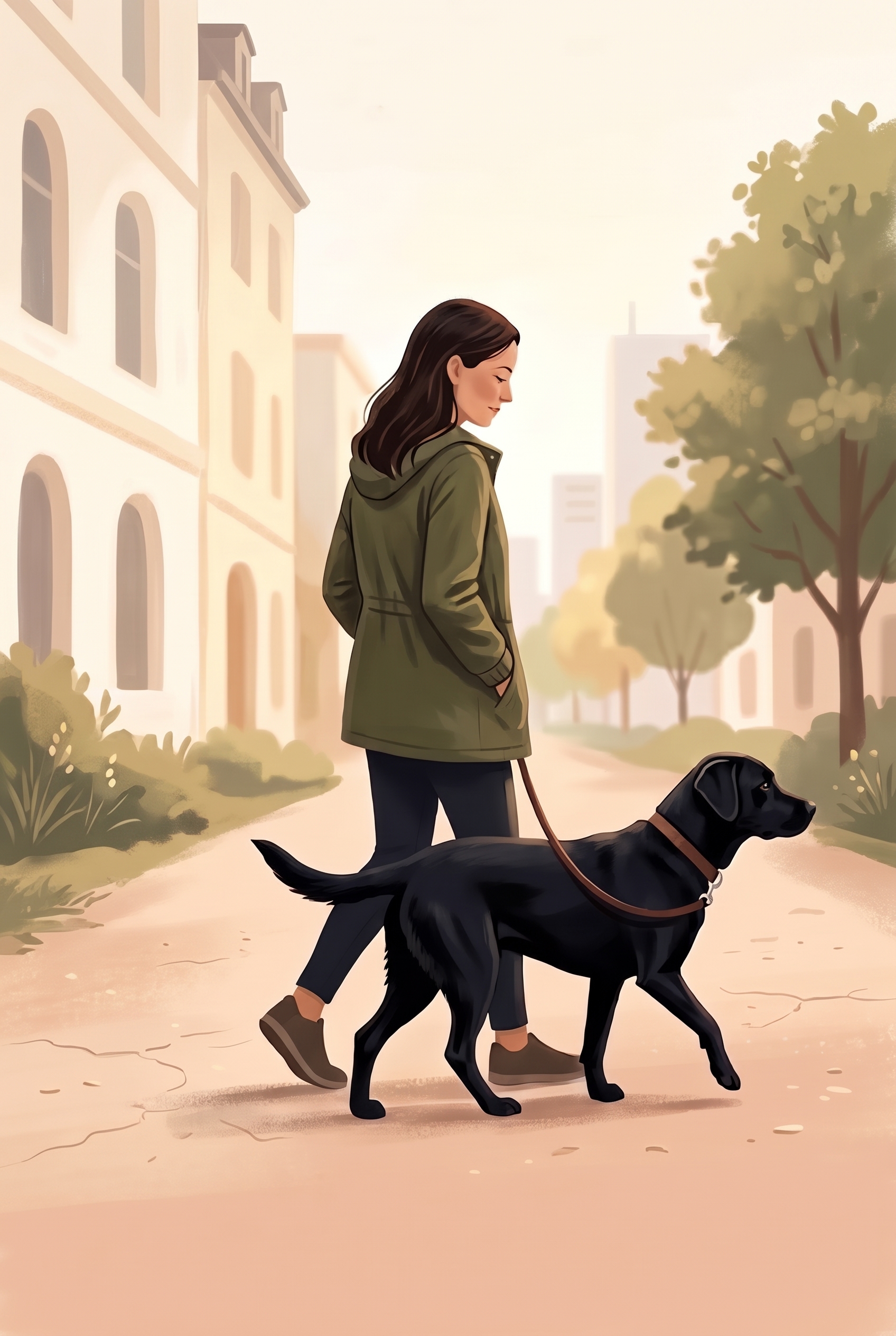 Illustration of a person walking their dog on a quiet city path