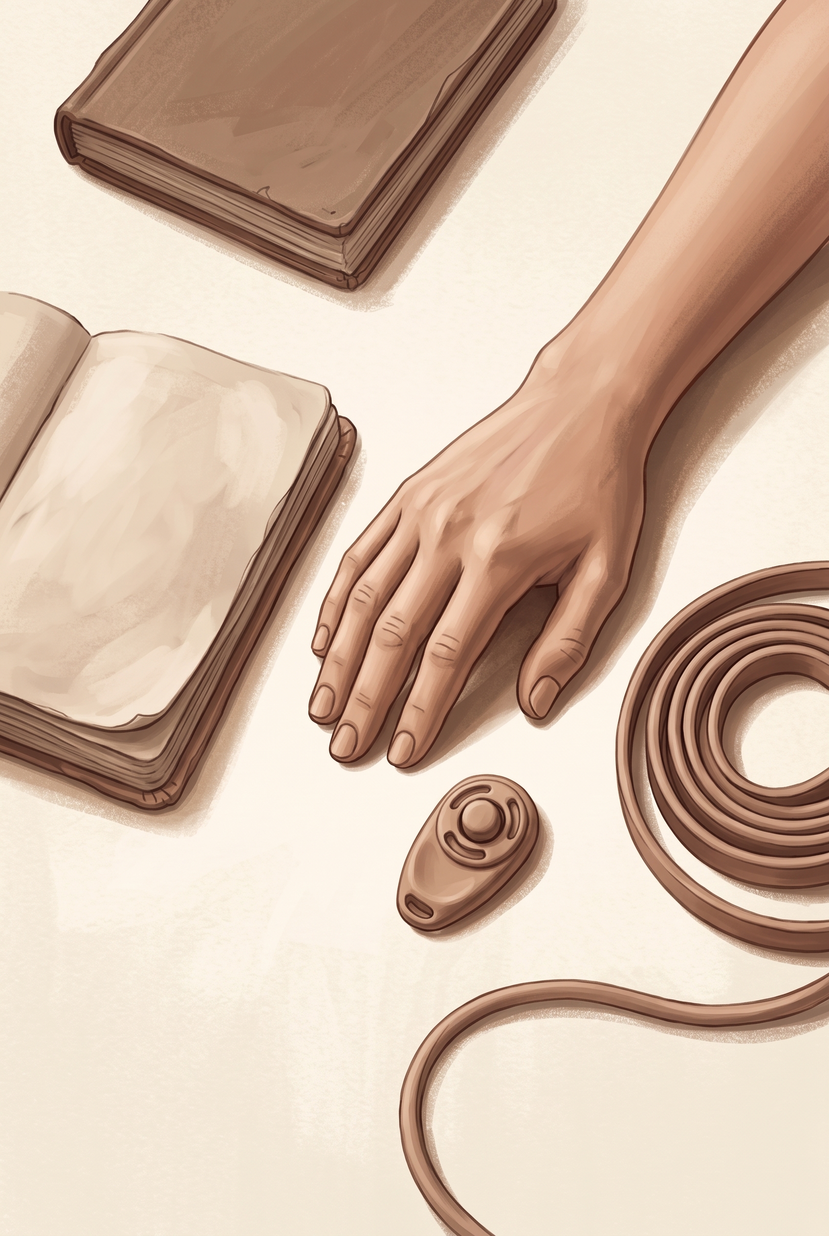 Illustration of training tools — clicker, notebook, and leash on a warm surface
