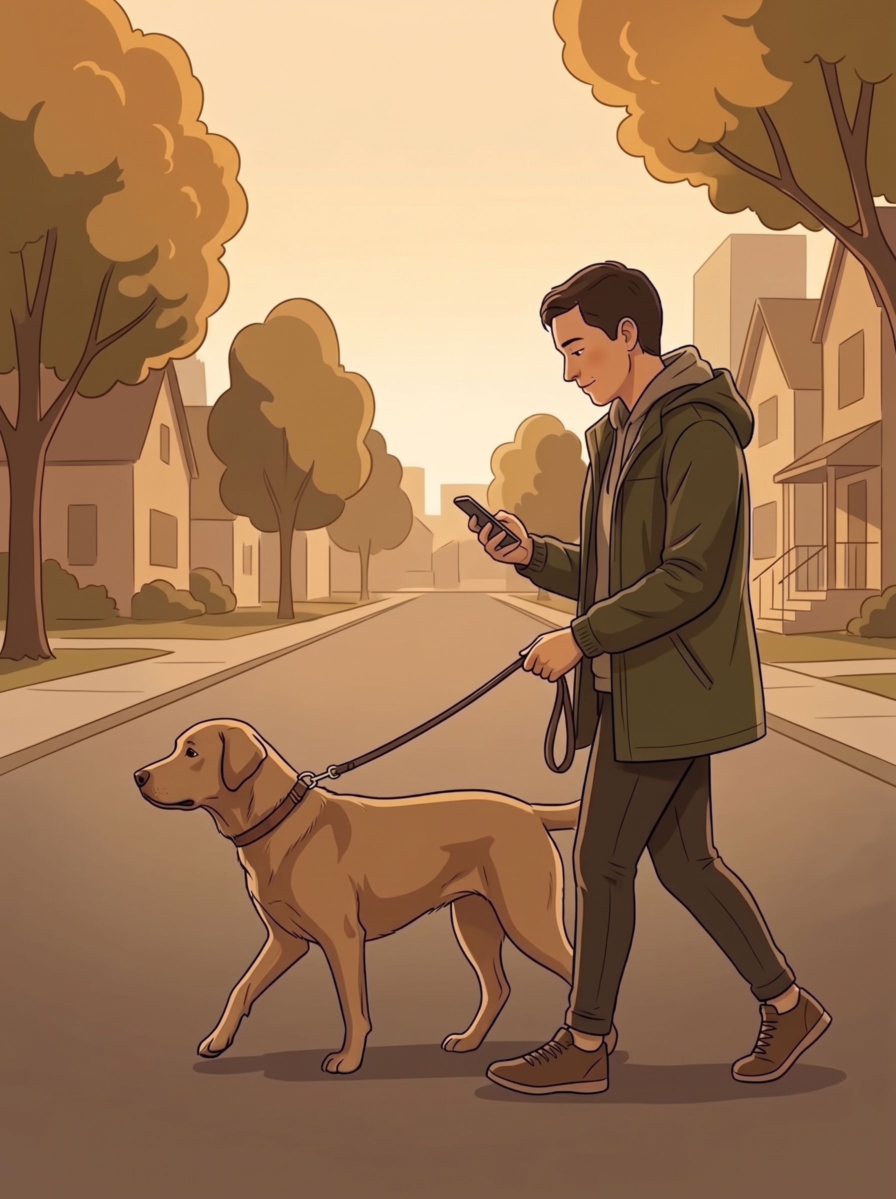 Illustration of a person checking their phone while walking their dog